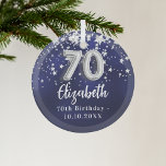 Ornement En Verre 70e anniversaire marine bleu argent étoiles<br><div class="desc">Une couleur bleu marine arrière - plan avec des étoiles faux argent. La couleur bleue est inégale. Ajouter votre nom,  texte/date</div>
