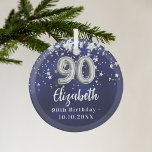 Ornement En Verre 90e anniversaire marine bleu argent étoiles<br><div class="desc">Une couleur bleu marine arrière - plan avec des étoiles faux argent. La couleur bleue est inégale. Ajouter votre nom,  texte/date</div>