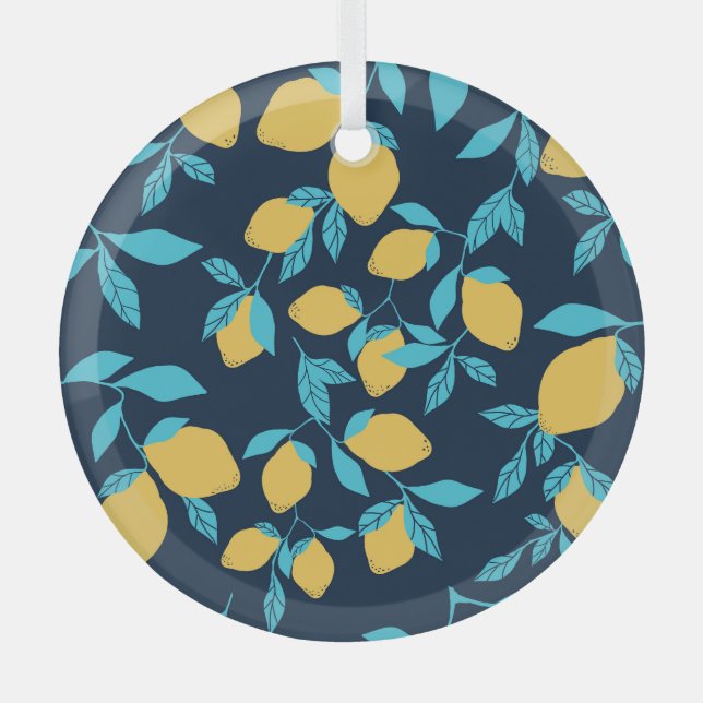 Ornement En Verre Agrumes simples : citrons sur le bleu. (Recto)