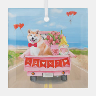 Ornement En Verre Akita Chien Saint Valentin Coeurs de Camion