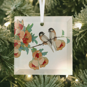 Ornement En Verre Amour d'oiseau de cerisier en fleurs vintage pêche