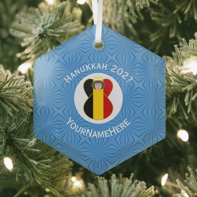 Ornement En Verre Ange de Hanukkah avec drapeau belge Nom Année Hexa (Insitu)