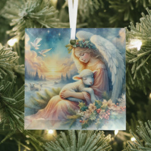 Ornement En Verre Ange de Noël avec agneau en paix en hiver