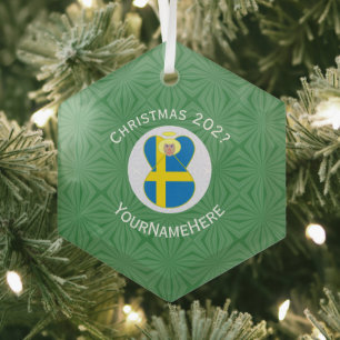 Ornement En Verre Ange de Noël Drapeau Suédois Nom Année Hexagone