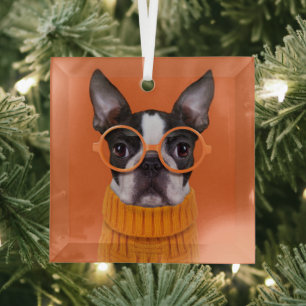 Ornement En Verre Animaux de bébés cutest   Orange Boston Terrier