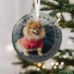 Ornement En Verre Animaux de compagnie personnalisés Mon premier ver<br><div class="desc">Commémorez un animal de compagnie 1er noël avec cette photo moderne et ornement de noël. Texte avec 'Mon premier Noël' et le nom de l'animal. Fait un merveilleux cadeau de gardien.</div>
