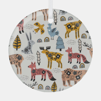 Ornement En Verre Animaux scandinaves, floral, motif mignon.