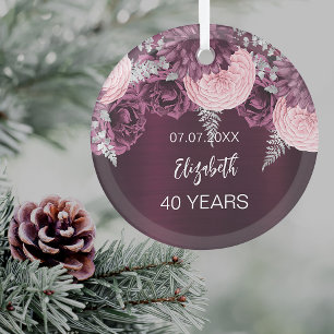 Ornement En Verre Anniversaire des fleurs roses bordeaux nom