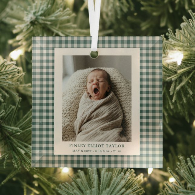 Ornement En Verre Annonce Naissance Bébé Garçon Vichy Vert (Insitu)