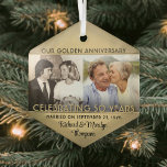 Ornement En Verre Any Text 2 Photo Golden 50th Mariage Anniversary<br><div class="desc">Célébrez un joyeux 50e anniversaire de mariage d'or avec une coutume 2 photo "Marié 50 ans" ornement de Noël en forme d'hexagone noir et or. Les images et tout le libellé de ce modèle sont simples à personnaliser. Le design est composé d'un arrière - plan en faux feuille d'or, d'une...</div>