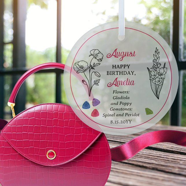 Ornement En Verre Août Gladiola et Poppy Anniversaire Keepsaké (August Gladiola and Poppy Floral  Birthday | Spinel and Peridot Gemstones Keepsake Glass Ornament)