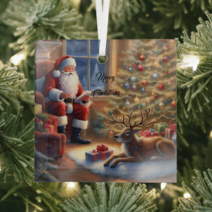 Ornement En Verre Après le travail - Père Noël et son renne