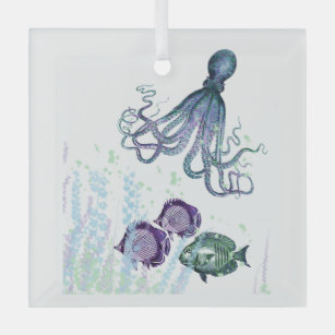Ornement En Verre Aquarelle amusante Octopus Poisson sous l'eau scèn