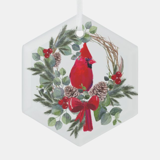 Ornement En Verre Aquarelle Cardinal Red Bird Wreath (Recto)