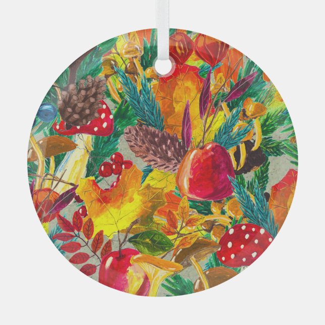 Ornement En Verre Aquarelle d'automne Feuilles Champignons Motif (Recto)