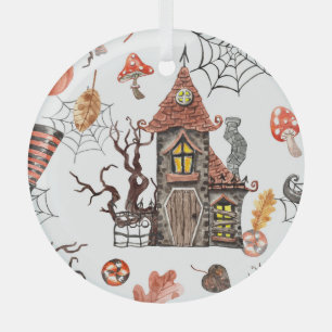Ornement En Verre Aquarelle d'Halloween : Haunted House Motif.