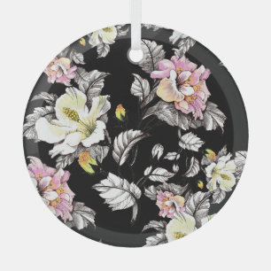 Ornement En Verre Aquarelle florale vive : Arrière - plan noir