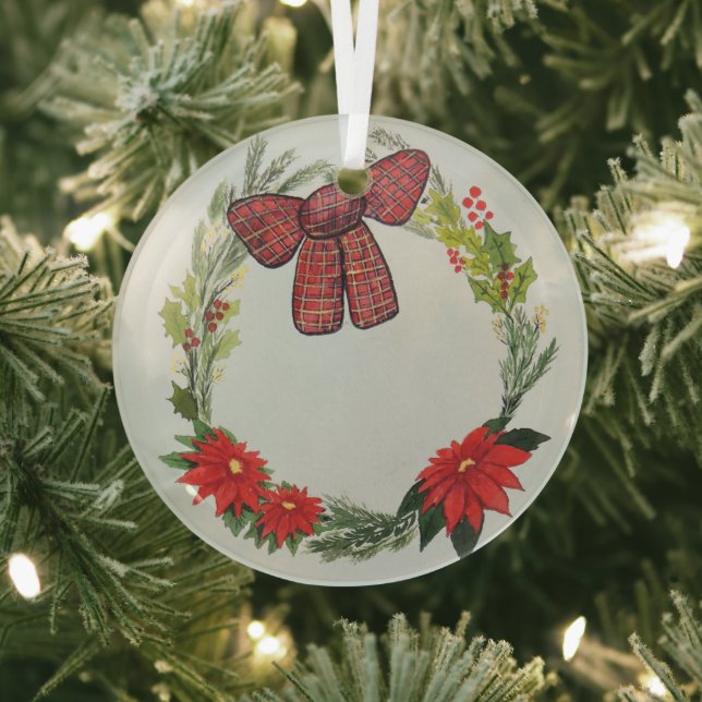 Ornement En Verre Aquarelle Hiver avec Poinsettia et Bow G (Insitu)