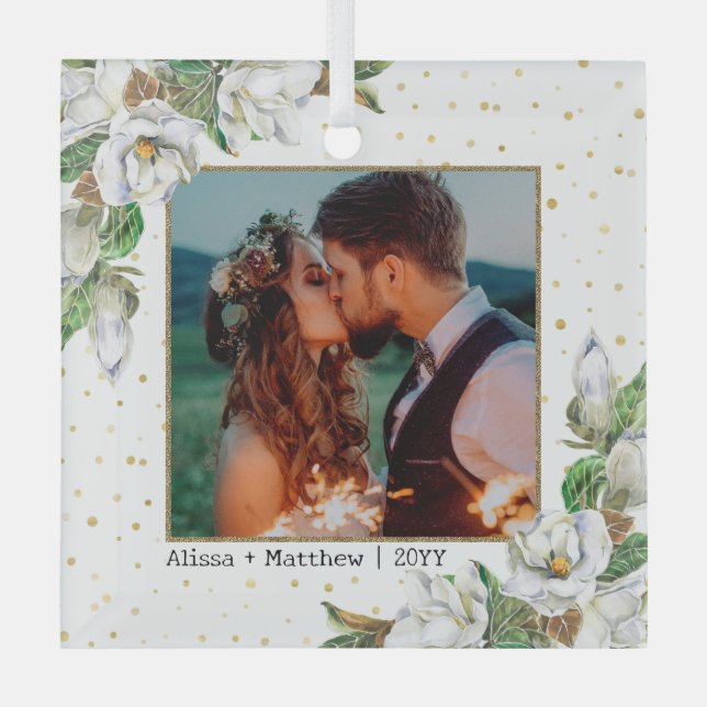 Ornement En Verre Aquarelle Magnolias Mariage de Couple Daté (Recto)