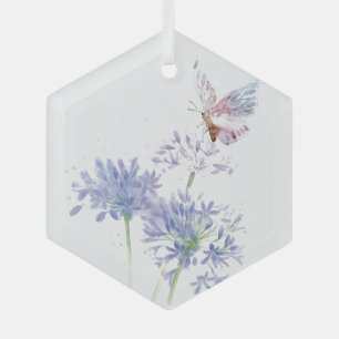 Ornement En Verre Aquarelle Papillon bleu Jardin Fleur