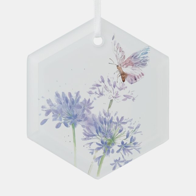 Ornement En Verre Aquarelle Papillon bleu Jardin Fleur (Recto)