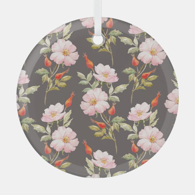 Ornement En Verre Aquarelle Rose de chien : motif floral foncé (Recto)