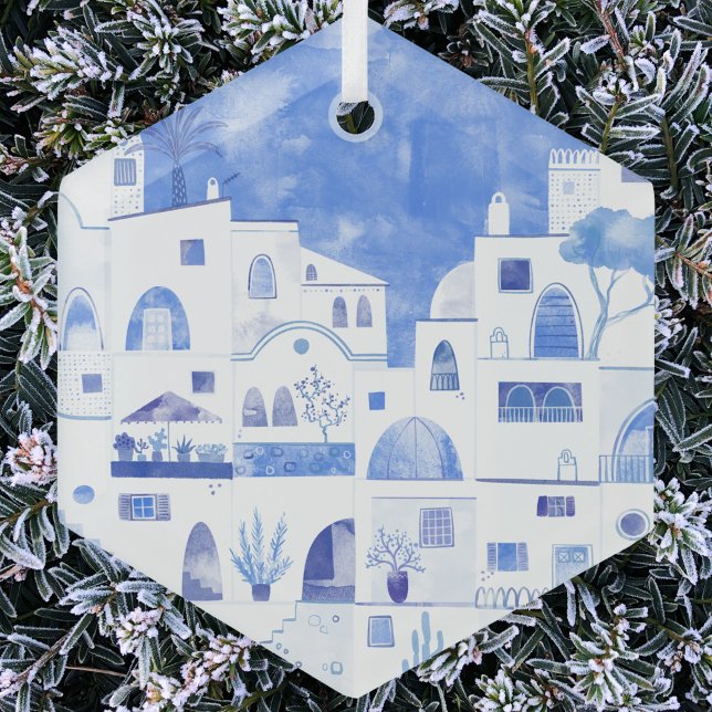 Ornement En Verre Aquarelle Santorin Grèce (Santorini Greece blue and white watercolor glass ornament)