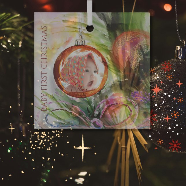 Ornement En Verre Aquarelle Whimsical Photo de Noël (Whimsical Watercolor First Christmas Photo Glass Ornament)
