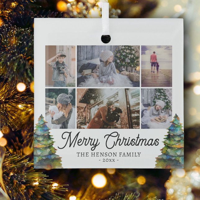 Ornement En Verre Arbre de Noël Aquarelle Famille 6 Photo Collage (Créateur téléchargé)