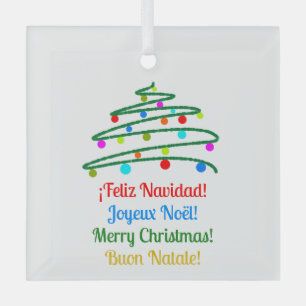 Ornement En Verre Arbre de Noël et Joyeux Noël multilingue festif