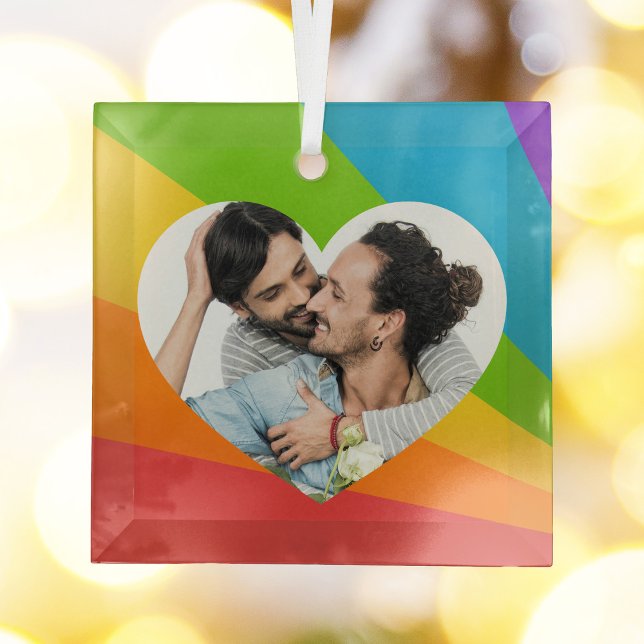 Ornement En Verre Arc en ciel LGBT Couple Photo Coeur romantique Noë (Créateur téléchargé)