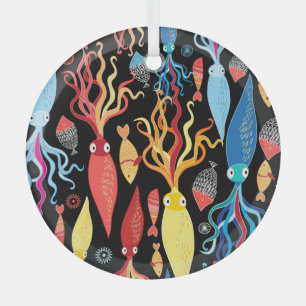 Ornement En Verre Arrière - plan noir de poisson calmar multicolore