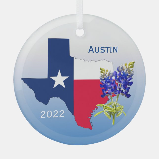 Ornement En Verre Austin Texas, Outline & Bluebonnets Orament (Recto)