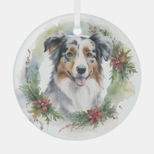 Ornement En Verre Australian Shepherd Christmas Wreath Festive Pup