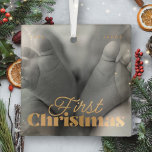 Ornement En Verre Baby First Christmas Élégant Photo personnalisée m<br><div class="desc">Design est composé de typographie chic moderne avec sans serif et serif police. Ajoutez une photo personnalisée du bébé et de l'année.</div>