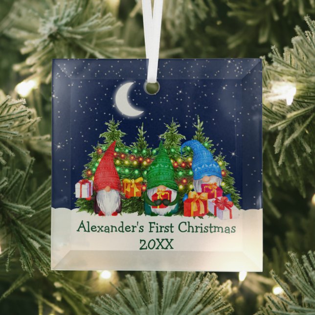 Ornement En Verre Baby First Christmas Lights Aquarelle Gnomes Sky (Insitu)