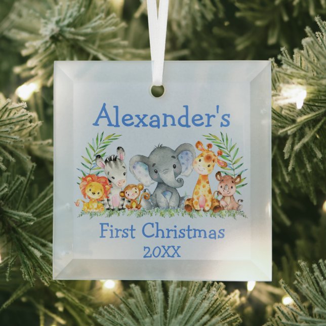 Ornement En Verre Baby First Christmas Safari Animaux Bleu (Insitu)