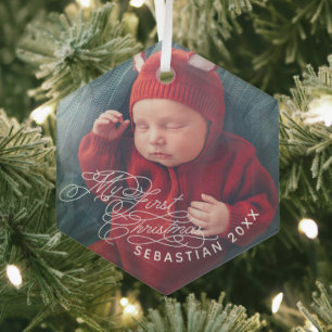 Ornement En Verre Baby My First Christmas Custom Text Photo Élégante