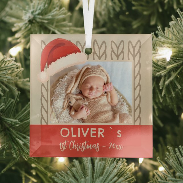Ornement En Verre Baby`s 1st Christmas Santa Hat Knitting Photo (Insitu)