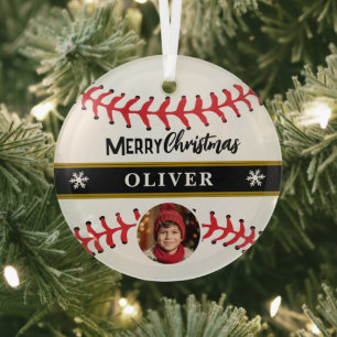 Ornement En Verre Balle de Baseball Nom Personnalisé Joyeux Noël Pho