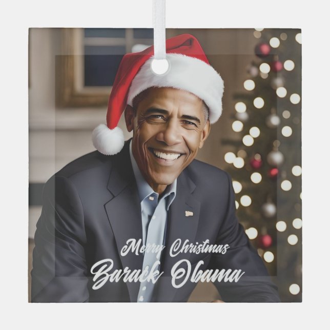 Ornement En Verre Barack Obama à Noël à Santa Hat (Recto)