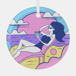 Ornement En Verre Beach Sunbathing Girl Cocktail Illustration.