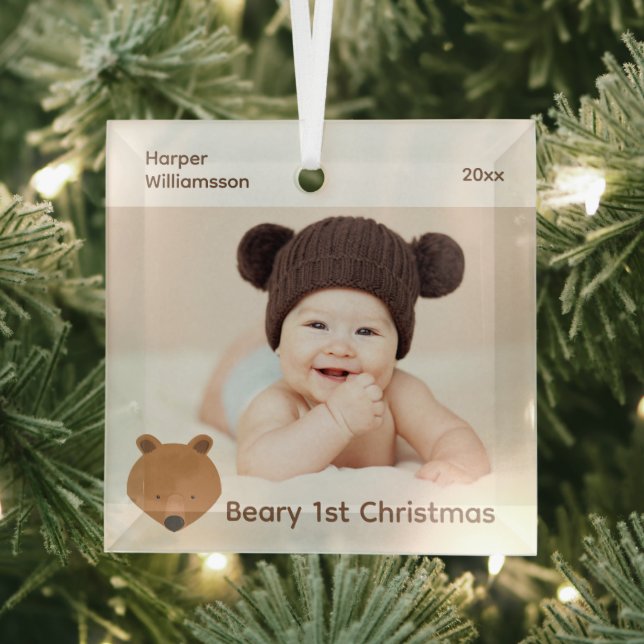Ornement En Verre Bear Photo Baby First Christmas (Insitu)