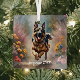 Ornement En Verre Beau Berger Allemand Chien & Fleurs
