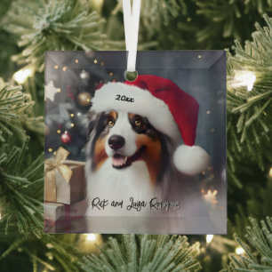 Ornement En Verre Beau berger australien avec Santa Hat