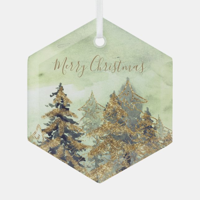 Ornement En Verre Beautiful Golden Green Christmas Trees  (Recto)