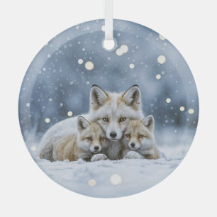 Ornement En Verre Beaux Renards dans la neige de Noël