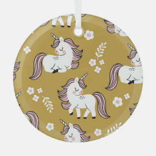 Ornement En Verre Bébé licornes, fleurs, motif vintage jaune.