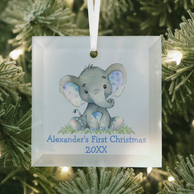 Ornement En Verre Bébé première aquarelle de Noël Elephant bleu (Insitu)