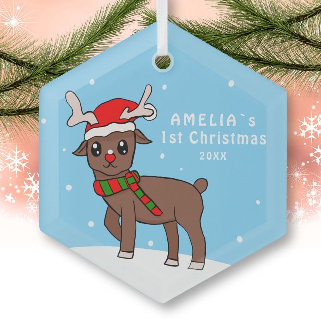Ornement En Verre Bébé`s 1er Noël mignonne Dessin de cerfs Neige (Créateur téléchargé)